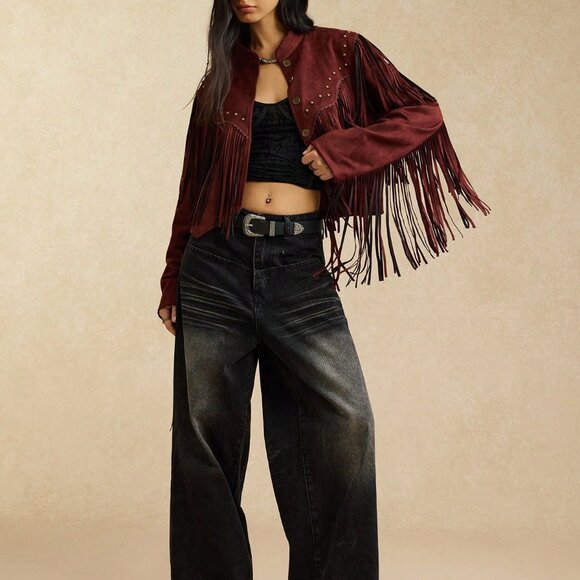 Jackets & Blazers - Coffee Brown Casual Women's Nomadic Tassel Decorated Jacket